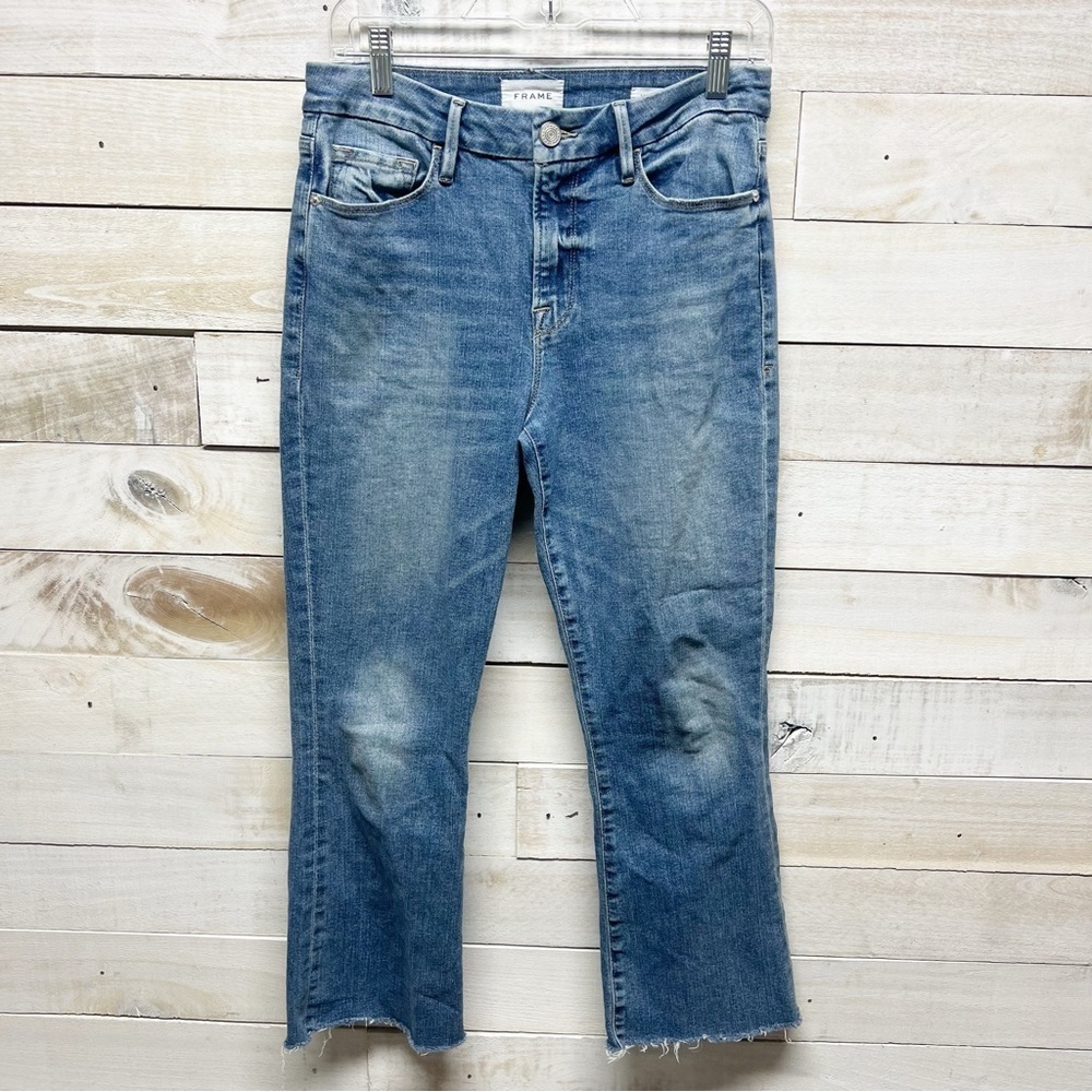Frame Le Crop Mini Boot Fray Hem Jeans Size 27 Blue Denim Medium Wash